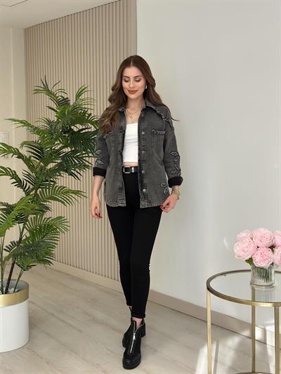 Püsküllü Çiçek Detaylı Tasarım Kot Ceket Füme