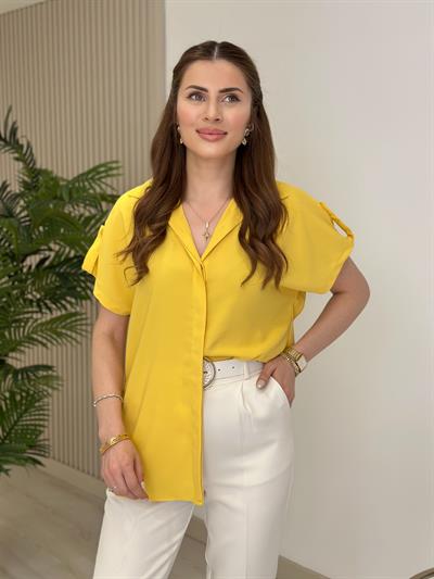 Rahat Kalıp İpek Krep Kolu Düğme Detaylı Gömlek Sarı