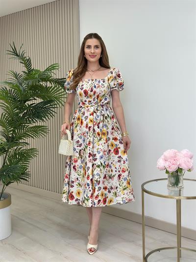 Renkli Çiçeki Göğsü Gipeli Elbise