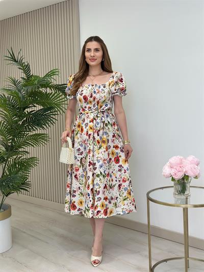 Renkli Çiçeki Göğsü Gipeli Elbise
