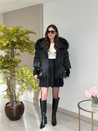 Robin Premium Kürklü Kapşonlu Mont Siyah