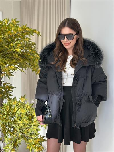 Robin Premium Kürklü Kapşonlu Mont Siyah