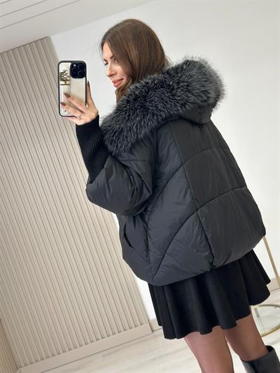 Robin Premium Kürklü Kapşonlu Mont Siyah