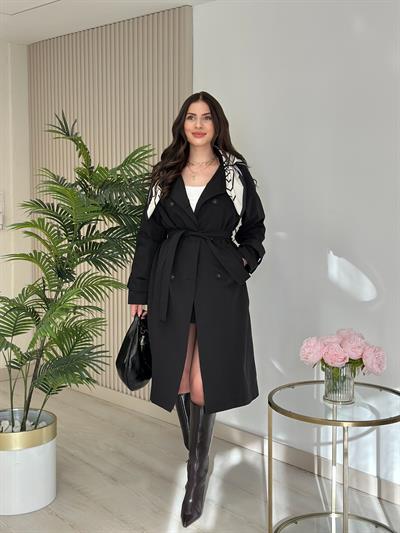 Şal Aksesuarlı Trençkot Siyah