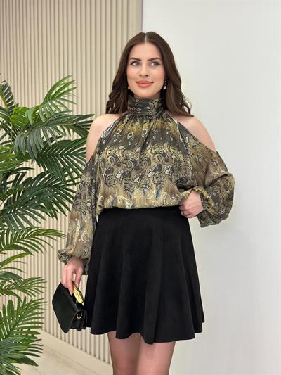 Şal Desenli Omuz Dekolteli Beli Lastikli Bluz Zümrüt