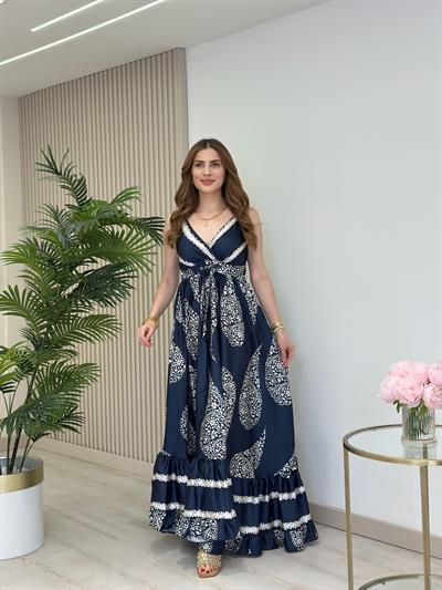 Şal Desenli Pamuk Saten Arkası Gipeli Elbise Lacivert