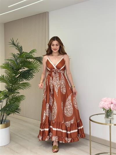 Şal Desenli Pamuk Saten Arkası Gipeli Elbise Kiremit