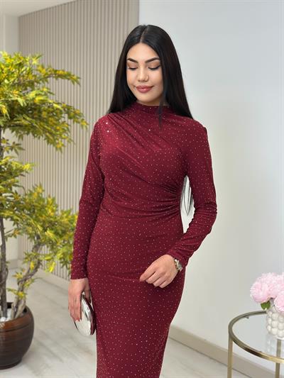 Sandy Kumaş Taşlı Drapeli Elbise Bordo