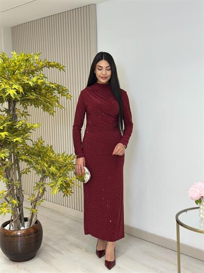Sandy Kumaş Taşlı Drapeli Elbise Bordo