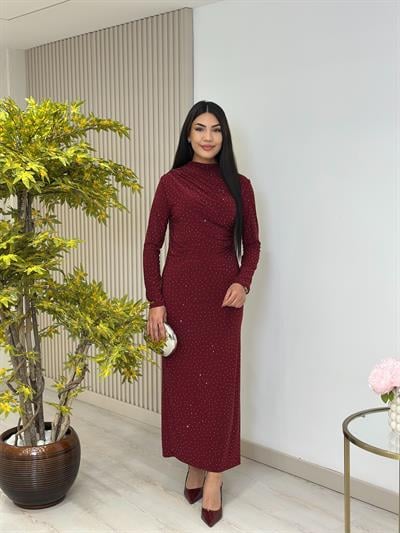Sandy Kumaş Taşlı Drapeli Elbise Bordo
