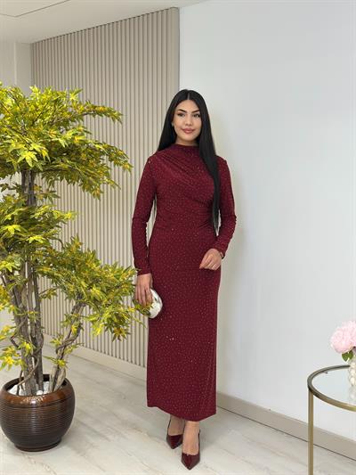 Sandy Kumaş Taşlı Drapeli Elbise Bordo