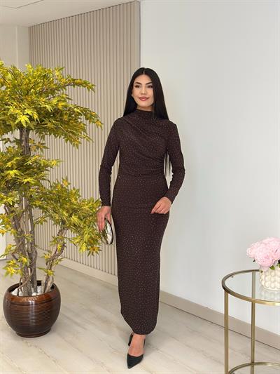 Sandy Kumaş Taşlı Drapeli Elbise Kahve
