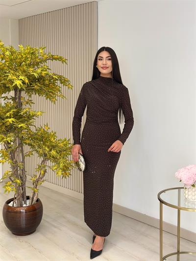 Sandy Kumaş Taşlı Drapeli Elbise Kahve