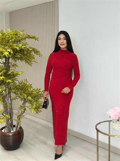 Sandy Kumaş Taşlı Drapeli Elbise Kırmızı