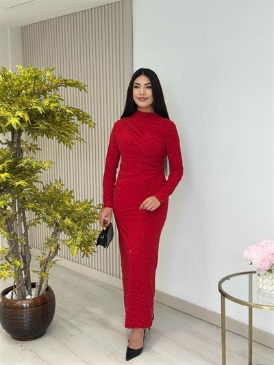 Sandy Kumaş Taşlı Drapeli Elbise Kırmızı