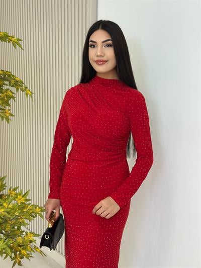 Sandy Kumaş Taşlı Drapeli Elbise Kırmızı