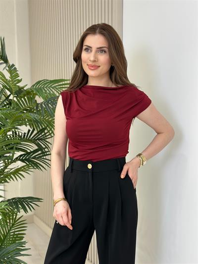 Sandy Kumaş Tek Omzu Dekolteli Bluz Bordo