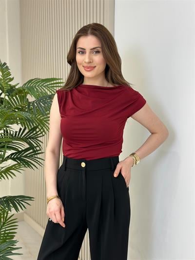 Sandy Kumaş Tek Omzu Dekolteli Bluz Bordo