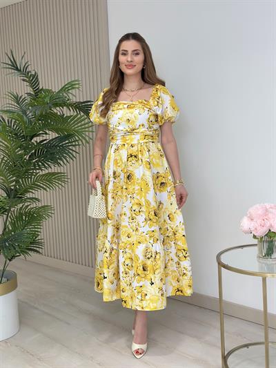 Sarı Çiçekli Sırtı Gipeli Kare Yaka Elbise