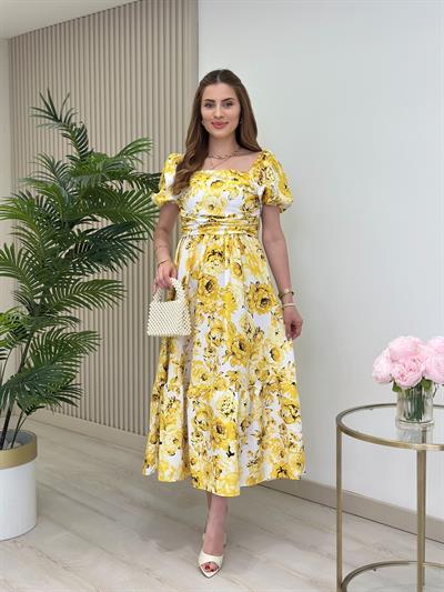 Sarı Çiçekli Sırtı Gipeli Kare Yaka Elbise