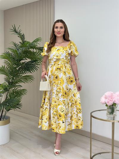 Sarı Çiçekli Sırtı Gipeli Kare Yaka Elbise