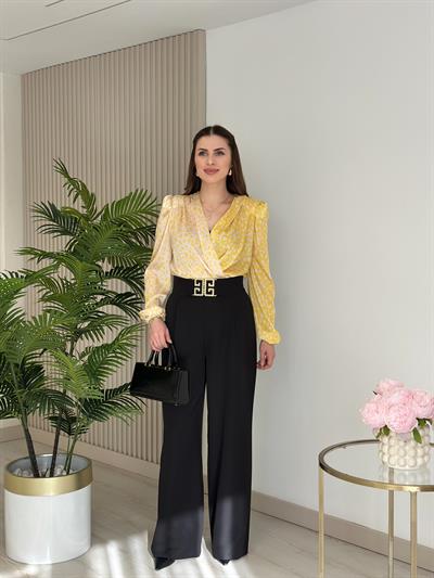 Sarı Leopar Desenli İpek Krep Bodysuit