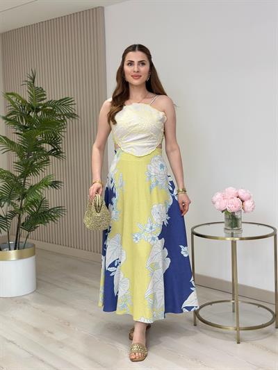 Sarı Nakışlı Sırt Detaylı Keten Elbise 