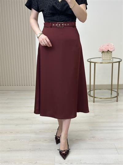 Saten Kemerli Midi Boy Etek Bordo