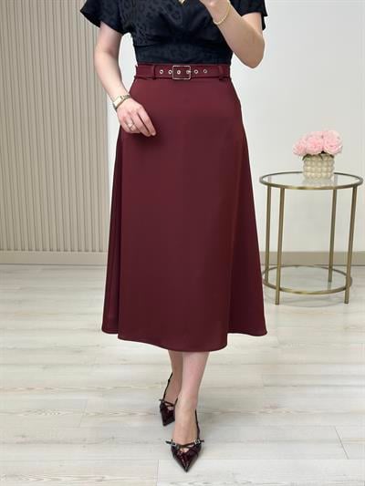 Saten Kemerli Midi Boy Etek Bordo