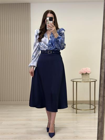 Saten Kemerli Midi Boy Etek Lacivert