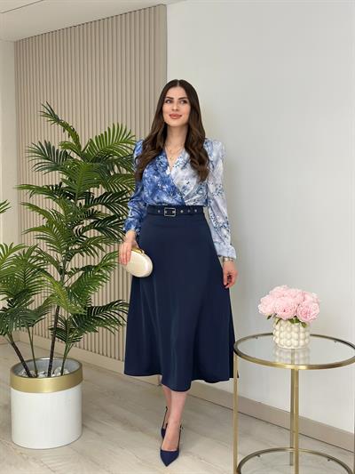 Saten Kemerli Midi Boy Etek Lacivert