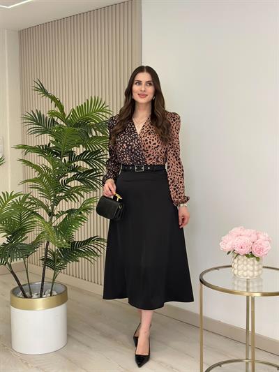 Saten Kemerli Midi Boy Etek Siyah