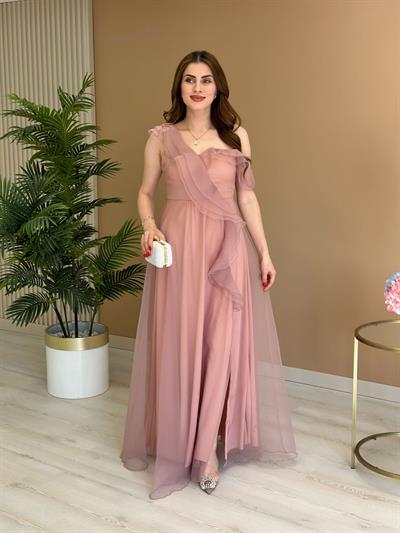 Selens Yırtmaçlı Tül Elbise Pudra