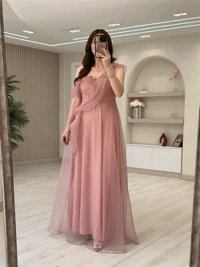 Selens Yırtmaçlı Tül Elbise Pudra