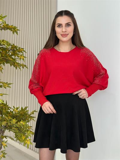 Serpme Taşlı Yarasa Kol Rahat Kalıp Triko Kırmızı