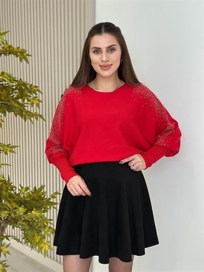 Serpme Taşlı Yarasa Kol Rahat Kalıp Triko Kırmızı