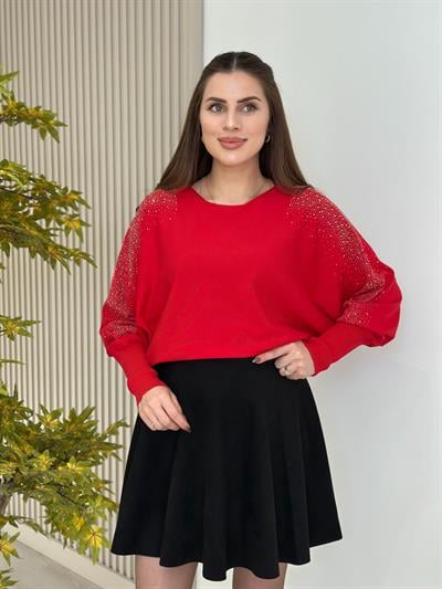 Serpme Taşlı Yarasa Kol Rahat Kalıp Triko Kırmızı