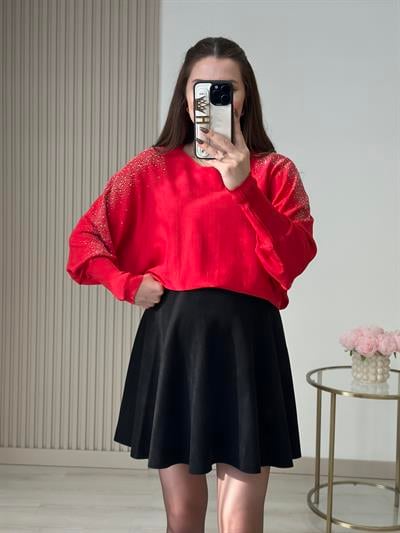 Serpme Taşlı Yarasa Kol Rahat Kalıp Triko Kırmızı