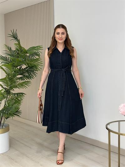 Sıfır Kol Kloş Beli Kuşaklı Kot Elbise 