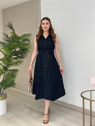 Sıfır Kol Kloş Beli Kuşaklı Kot Elbise 