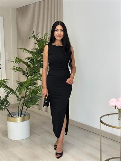 Sıfır Kol Likralı Yanları Drapeli Elbise Siyah