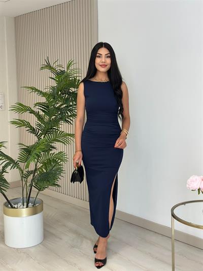 Sıfır Kol Likralı Yanları Drapeli Elbise Lacivert