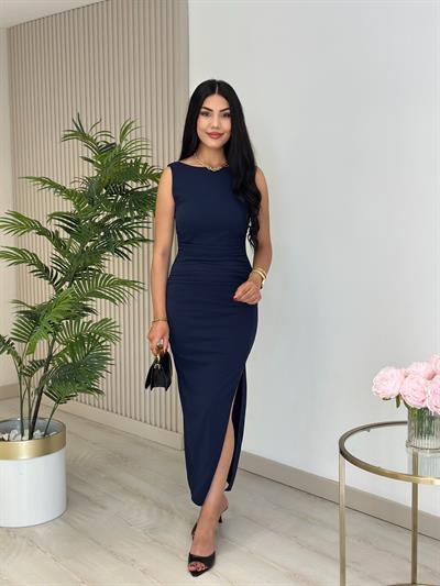 Sıfır Kol Likralı Yanları Drapeli Elbise Lacivert