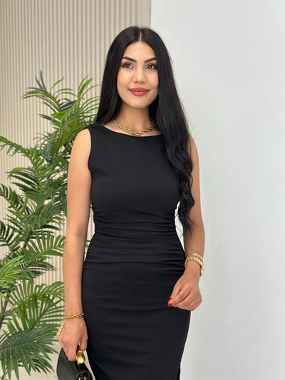 Sıfır Kol Likralı Yanları Drapeli Elbise Siyah