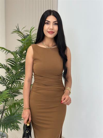 Sıfır Kol Likralı Yanları Drapeli Elbise Kahve