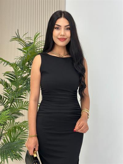 Sıfır Kol Likralı Yanları Drapeli Elbise Siyah