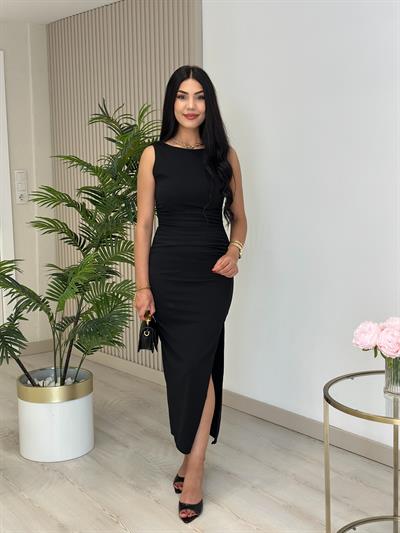 Sıfır Kol Likralı Yanları Drapeli Elbise Siyah