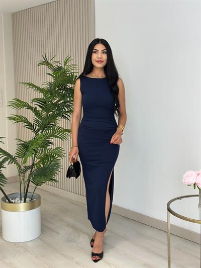 Sıfır Kol Likralı Yanları Drapeli Elbise Lacivert