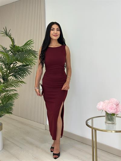 Sıfır Kol Yanları Drapeli Likralı Elbise Bordo