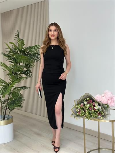 Sıfır Kol Yanları Drapeli Likralı Elbise Siyah